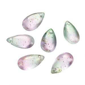Macro detail of 8x14mm teardrop glass beads with gold foil in green purple gradient