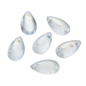 Close-up of 8x14mm frosted glass teardrop beads with shimmering gold and silver foil flakes
