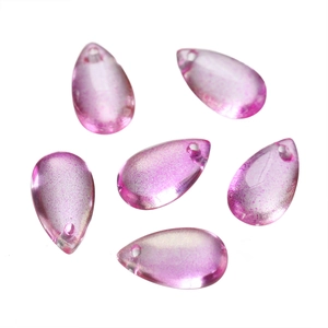 Set of 6 translucent pink purple teardrop glass beads with pearlescent finish and top hole