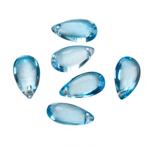 Detailed view of six lake blue teardrop glass beads for DIY jewelry making and crafts