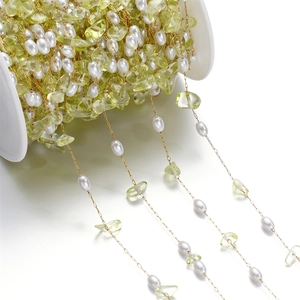 Irregular green gravel and white pearl beads on gold stainless steel chain for jewelry making