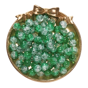 10mm green and clear frosted crackle glass beads in a decorative vintage gold tray