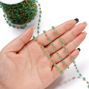 1m golden stainless steel chain with round translucent green beads for DIY jewelry making