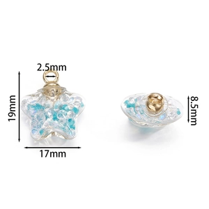 Detailed size specifications for blue star-shaped glass pendants with gold loops