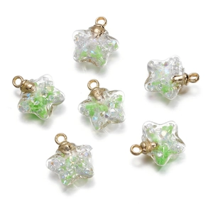 Luminous pentagram glass star charms with iridescent glitter and gold hanging loop