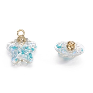 Detailed view of pentagram glass pendant with blue and white beads for DIY jewelry