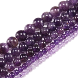 Natural amethyst round loose beads in various sizes from 4mm to 12mm on white background