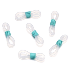 Detailed view of six translucent frosted silicone 8-shaped non-slip eyeglass chain connectors