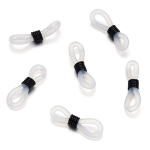 Detail of 6 white silicone figure-8 anti-slip ends for glasses chain with black coil