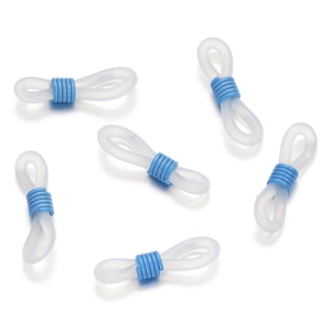 Detail of translucent white silicone eyeglass chain loops with light blue metal springs