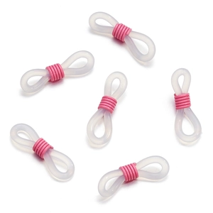 Close-up of translucent silicone eyeglass chain connectors with pink spiral spring coils