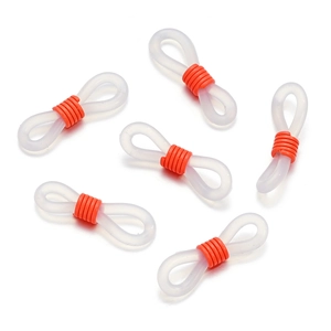 Detail of 8-shaped silicone eyeglass chain connectors with orange metal spring buckles