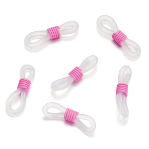 Detail of 6 white silicone eyeglass chain loops with pink metal spring adjustment buckles