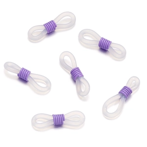 Detail of silicone 8-shaped eyeglass chain connectors with adjustable purple coils