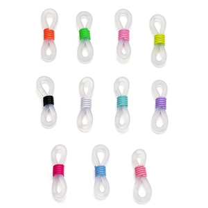 Detailed view of colorful metal springs on translucent silicone eyeglass chain connectors