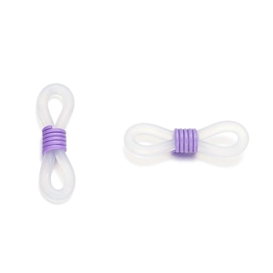 Detail of translucent silicone anti-slip loops with purple metal spring for eyewear chains