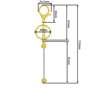 Detailed view of yellow metal DIY beaded keychain with lobster clasp and ring dimensions
