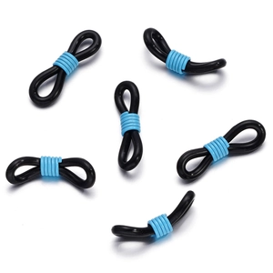 Close-up of black silicone anti-slip rings with light blue spring coils for eyewear chains