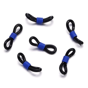 Detail of 6 black silicone 8-shaped eyeglass chain ends with blue metal spring loops