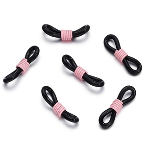 Detailed view of six black and pink silicone non-slip eyeglass chain connectors
