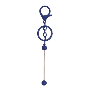 Close-up of blue beaded metal keychain featuring lobster clasp and vertical rod charm