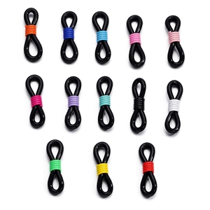 Close-up of 13 colorful silicone eyeglass chain connectors with metal spring adjusters