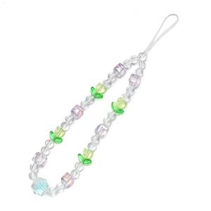 Details van acryl tulp kralen en iriserende kristallen voor DIY-telefoonkoord
