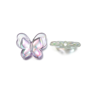 Detail of 22mm iridescent butterfly beads with colorful UV coating for DIY jewelry making