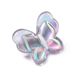 Macro shot of 22mm iridescent acrylic butterfly bead with colorful UV coating for DIY crafts