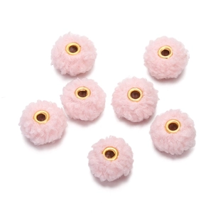 Detail of 18mm pink teddy velvet beads with golden metal eyelets for DIY jewelry