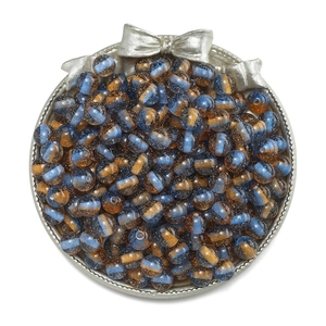 Blue and orange two-tone glitter 10mm resin round beads in a decorative silver tray