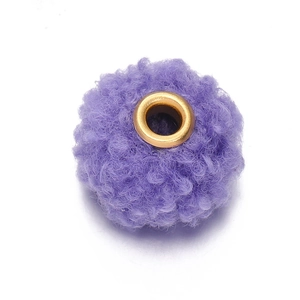 Detailed macro of 18mm purple teddy fleece bead with gold metal eyelet for DIY jewelry craft