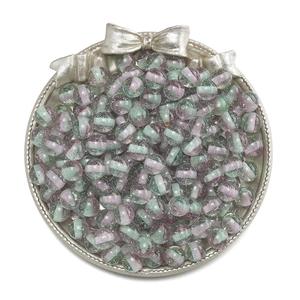 Detail of 10mm glitter resin beads with bicolor stripes in a silver decorative tray