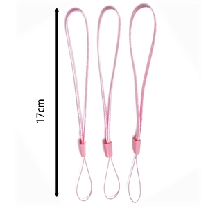 Detailed view of three 17cm pink nylon braided wrist lanyards with adjustable buckles