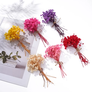 Macro detail of mini dried gypsophila bouquets in six colors tied with natural hemp rope