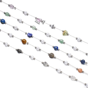 Detail of DIY stainless steel chain with colorful natural stones and pearls showing dimensions