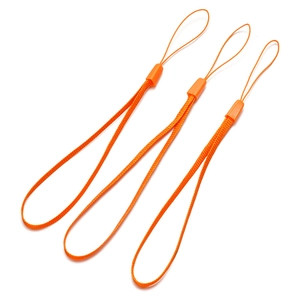 Three durable orange nylon wrist lanyards for phones and cameras on white background