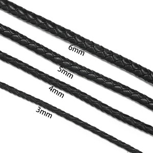 Close-up of black braided leather cords in 3mm, 4mm, 5mm and 6mm sizes for DIY jewelry