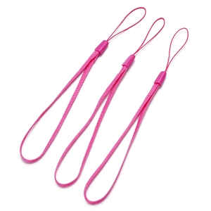Close-up of rose pink braided nylon wrist straps for phones and electronics