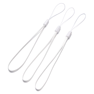 Detailed view of three white universal nylon wrist lanyards for mobile phones and cameras