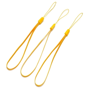 Close-up of three yellow nylon woven wrist lanyards for mobile phones and cameras