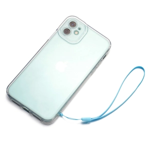 Transparent phone case for iPhone with sky blue braided nylon wrist strap lanyard