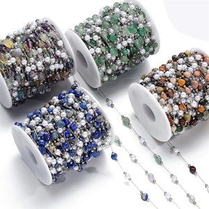 Detailed view of DIY colorful crushed stone and pearl stainless steel chain rolls