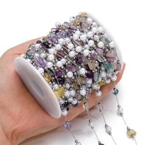 Colorful natural stone and pearl stainless steel chain on spool for jewelry making