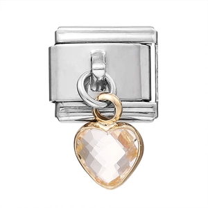 Macro detail of stainless steel heart charm link with crystal for DIY modular bracelet
