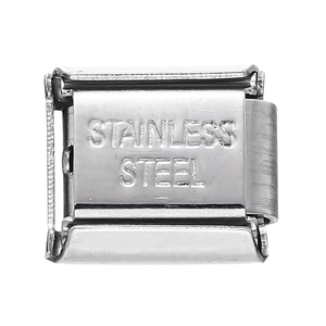 Macro detail of stainless steel Italian charm link showing the engraved logo and spring structure