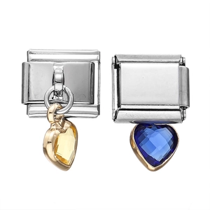 Italian charm bracelet links with yellow and blue heart-shaped cubic zirconia charms
