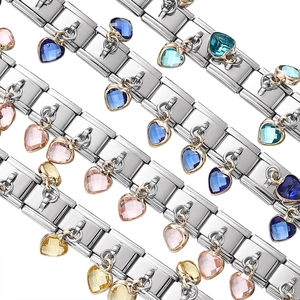 Italian charm bracelets with heart shaped colorful crystal pendants in stainless steel