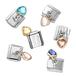 Stainless steel Italian charm links with multi-color heart pendants and logo engraving