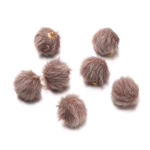 Close-up of fluffy 17mm light brown faux mink fur pom-pom beads with gold metal loops